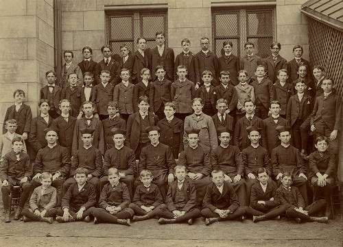 Group photograph of first student body at St. Vincent's College. Typewritten on back: First group picture of students and faculty of St. Vincent's College, Chicago, which opened in September 1898. Picture taken in June 1899 (Image courtesy of DePaul University Special Collections and Archives) 